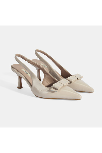Desa Women's Cream Bow Detail Patent Leather Heeled Classic Shoes