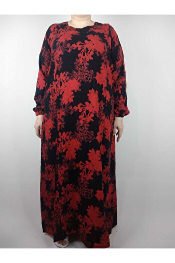 YAŞAR TRİKO Women's Red Pentagonal Collar Long Sleeve Sleeve Ankle Elastic Summer Viscose Long Dress Pulls 2 cm Water