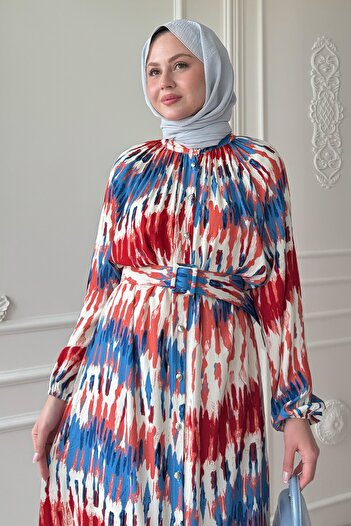 InStyle Kemerli Renkli Ebruli Kırmızı Viskon Elbise