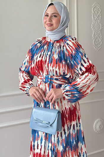 InStyle Kemerli Renkli Ebruli Kırmızı Viskon Elbise