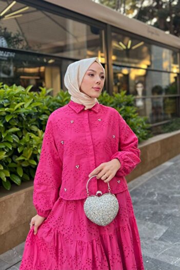 Denivy Lace Embroidered Hijab Double Set - Shirt and Floor Skirt Combination Dnv- 000043