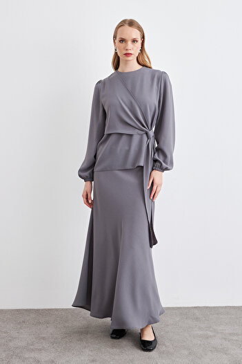 VAVİNOR Roza Skirt Blouse Set - Gray