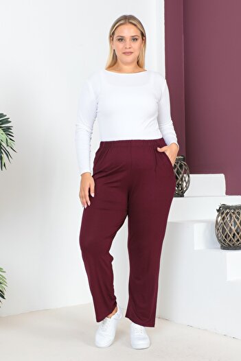 tarzımsüper Women's Large Size Comfort Model Elastic Waist Pocket Lycra and Comfortable Fit Wide Leg Pants