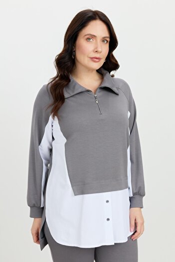 accort Büyük Beden Fermuar Yaka Sweatshirt-K.GRİ