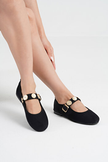 Beyond Women's Black Coin Buckle Suede Ballerinas Byndpt01