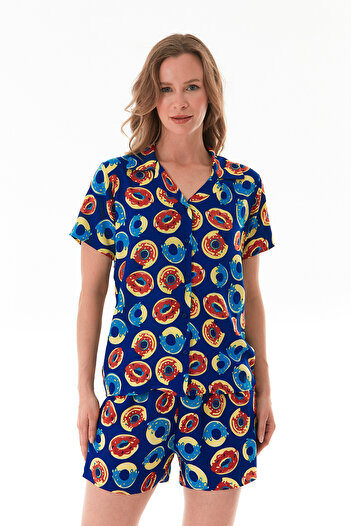 Fulla Moda Donut Desenli Gömlek Yaka Şortlu Pijama Takımı