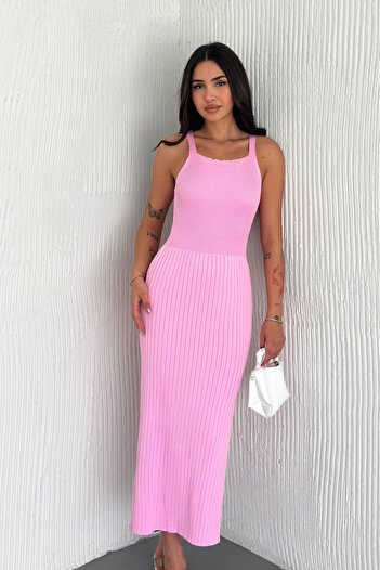 FEMELLE Women's Pink Standard Size Square Neck Knitwear Dress with Waistband