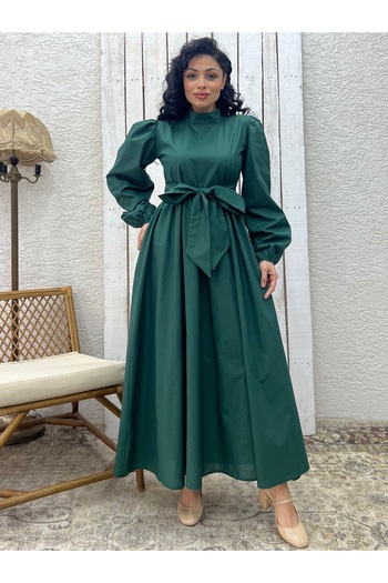 KÜÇÜĞÜM BUTİK Hijab Emerald Green Big Bow Poplin Flared Dress