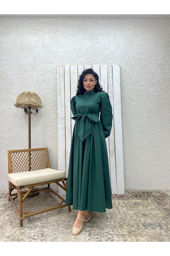 KÜÇÜĞÜM BUTİK Hijab Emerald Green Big Bow Poplin Flared Dress