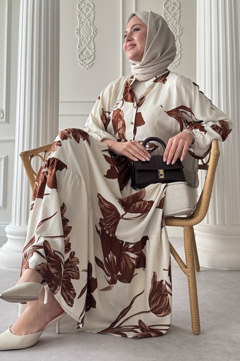 InStyle Large Orchid Pattern Brown Viscose Dress