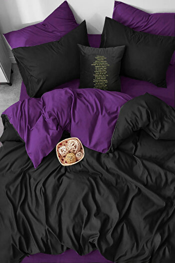 İQON Duvet Cover Set with Fitted Sheet Double Purple-Black Black BlackPurple