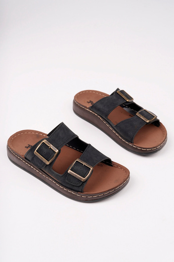 McDark Men's Black Faux Leather Double Buckle Orthopedic Slippers