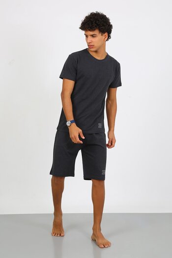 Akbeniz Men's Cotton Lacoste Bottom Top Capri Pajama Suit Smoked 6872