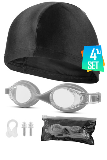 Telvesse Set of 4 Swimming Goggles with Case Ear Nose Plugs Fabric Cap Set Swimming Pool Sea Goggles Gray