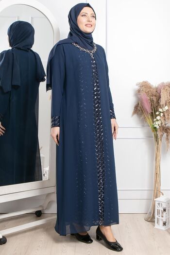 SUBU TASARIM Stone Embroidered Sequined Evening Dress Navy Blue Tbsmda2307