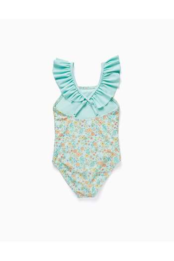 Ziddy UPF80 Floral Swimsuit for Girls, Aqua Green