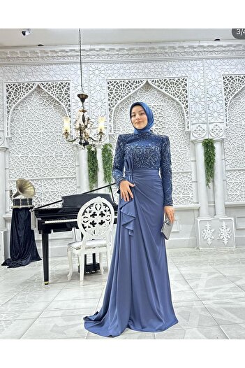 Kenzel İşlemeli Uzun Kollu Tesettür Abiye Elbise