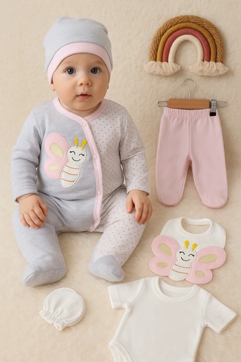 Babydonat Butterfly Embroidered 5-Piece Cotton Jumpsuit Set for Baby Girl