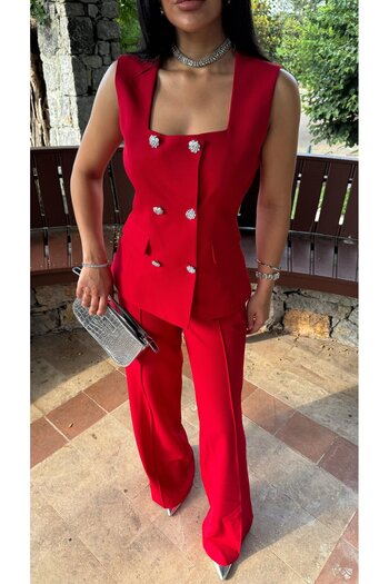 ZF BUTİK Square Collar Vest and Trousers Set