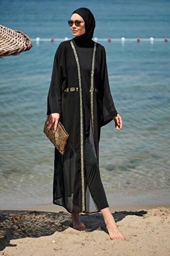 Marina Sequined Black Kimono Kaftan P2346