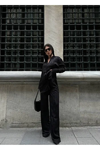 LB Laluna Butik Women's Jacquard Draped Fabric Shirt and Trousers Set