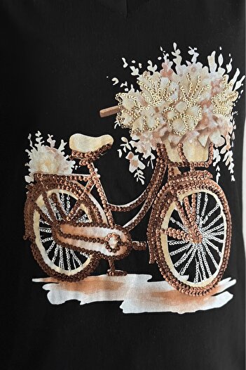 FEMELLE Women's Black V-Neck Bicycle Sequin Embroidered 100% Cotton T-Shirt