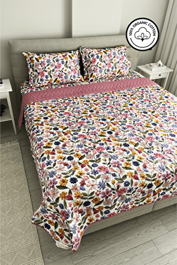 NANOSOFT %100 Pamuk Kapitone Dijital Baskılı Yatak Örtüsü – Botanic Bloom Battal Boy 220x230 cm