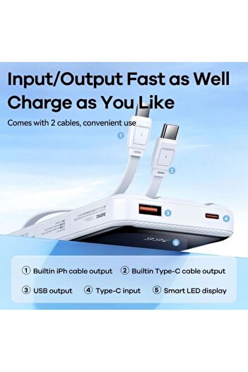REDz Accessories Remax RPP-679 Battery, Powerbank 10,000mAh, Type-C and Lightning Cables LED Display, White