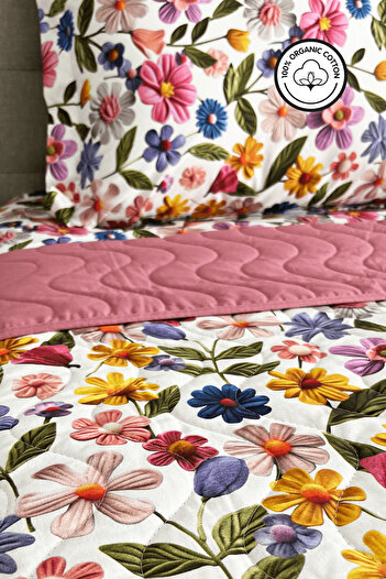 NANOSOFT %100 Pamuk Kapitone Dijital Baskılı Yatak Örtüsü – Botanic Bloom Battal Boy 220x230 cm