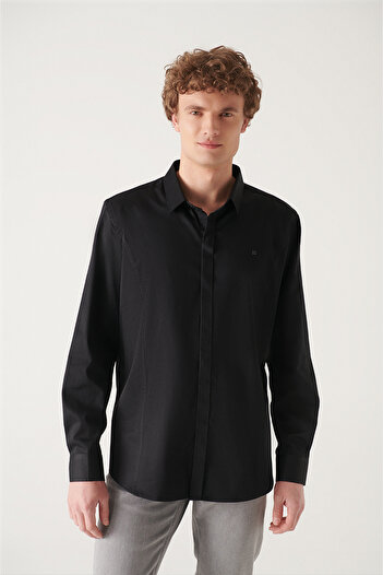 Avva Men's Black 100% Cotton Satin Hidden Placket Shirt E 002209