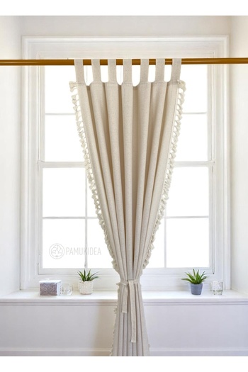 pamukidea Biritli Cream Pompom - Tasseled 100% Cotton Buldan Linen Rustic Curtain - Single Wing - (En X Size)