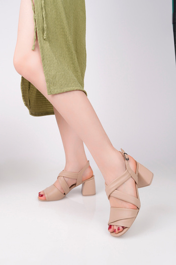 Deripabuc Genuine Leather Beige Women's Leather Heeled Shoes Trc-9006