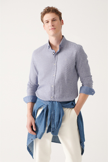 Avva Men's Navy Blue Classic Collar Textured Linen Cotton Shirt A31Y2079