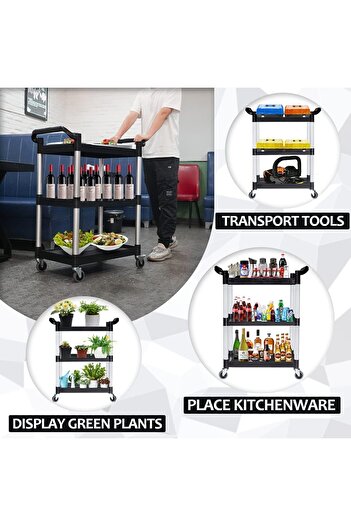 BUNCA Sturdy 3-Tier Food Serving Cart - Locking Wheels and Durable Plastic - Ideal for Coffee Shops, Kitchens, Clinics, Offices