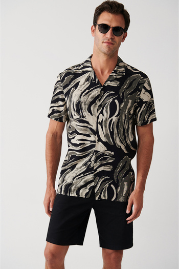 Avva Men's Black Viscose Cuban Collar Leopard Print Short Sleeve Shirt A31Y2195