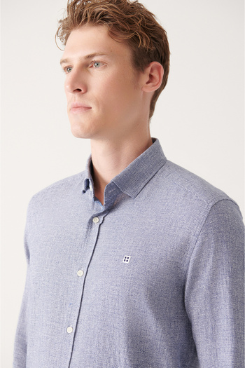 Avva Men's Navy Blue Classic Collar Textured Linen Cotton Shirt A31Y2079