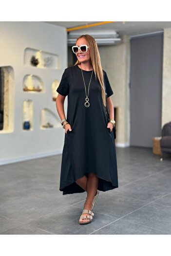 Viyamo New Season Women's Short Sleeve Crew Neck Asymmetrical Cut Front Viscose Back Trikoton Dress