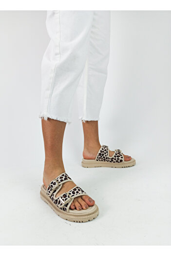 GDT Ayakkabı Beige Color Leopard Pattern Flat Sole Women's Slippers