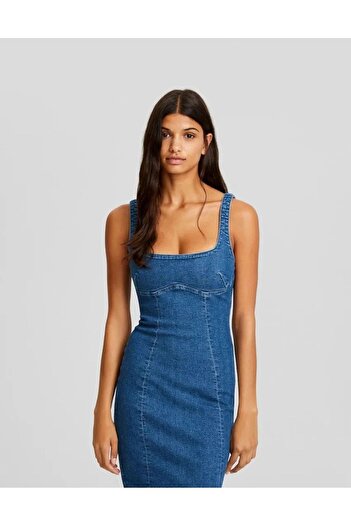 Butik ALLBUCKS BERSH KA Askılı Yırtmaçlı Streç Uzun Midi Denim Elbise Abbrs0009