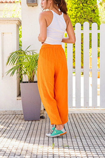 bacc Women's Orange Muslin Elastic Waist Pocket Casual Trousers Bcbsk-25700-3416