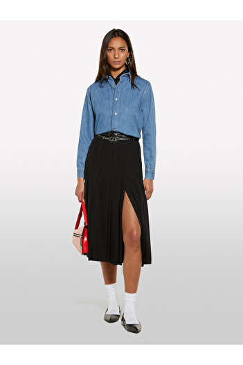 Sisley Women's Black Viscose Pleated Midi Skirt with Slit Detail