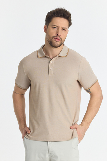 Frappoli Men's Non-Shrinkable 100% Cotton Fabric Slim Fit Slim Fit Beige Non-Curling Polo Neck T-Shirt