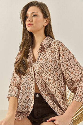 Bianco Lucci Women's V-Neck Half Sleeve Patterned Printed Shirt 6652 60283258