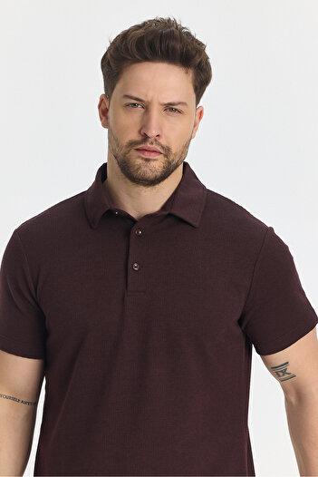 Frappoli Jaguar Men's Polo Neck T-Shirt - Burgundy, Cotton Blend, Non-Drawing Lycra, Slit Detail, Slim Fit