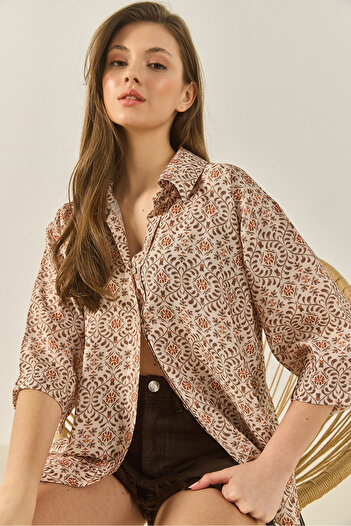 Bianco Lucci Women's V-Neck Half Sleeve Patterned Printed Shirt 6652 60283258
