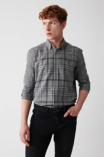 Avva Men's Gray Buttoned Collar Plaid Flannel Shirt A32Y2062