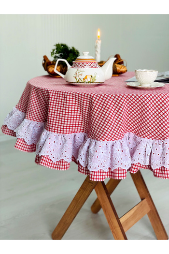 HOME OF BLOSSOM Red Gingham Linen Double Scallop Ruffle Table Cloth