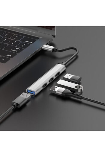 REDz Accessories Cablu Hub Hoco HB26, Tip-C la USB, 4 porturi, Suportă transfer de 1 Tb, OTG, Argintiu