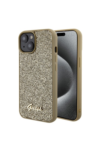 Guess Carcasă pentru iPhone 15, Logo Disco Metal, Guess, Auriu