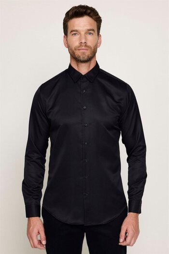 Tudors Slim Fit dlouhý rukáv Snadné žehlení Absorbující pot Prodyšná textura Kravata Four Seasons Černá pánská košile